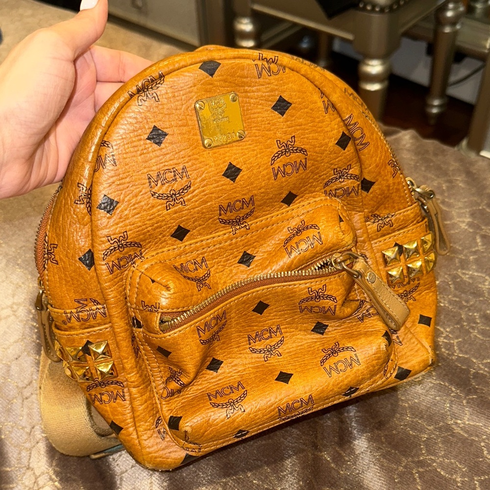 SOLD MCM Tan Backpack with Gold Studs
